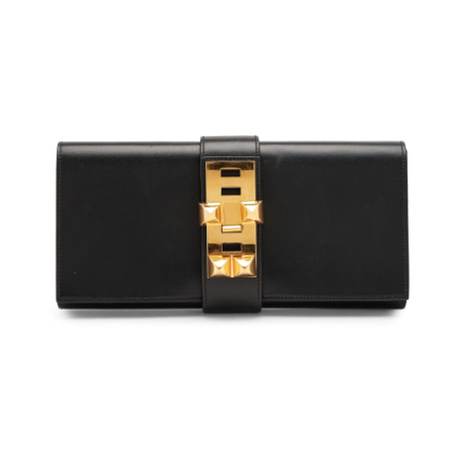 Hermès Médor 29 Clutch Black, Tadelakt, doré