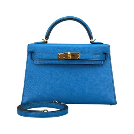 Hermès Mini Kelly 20 II Bleu Frida, chèvre Mysore, doré
