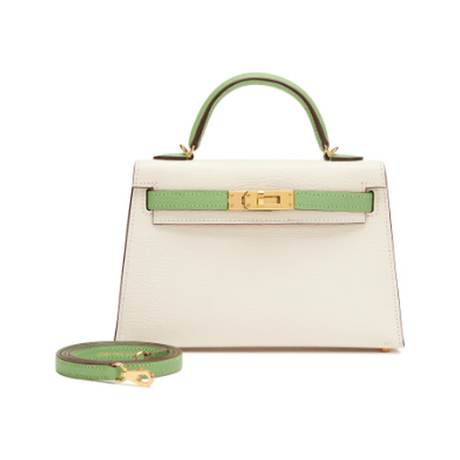 Hermès Mini Kelly 20 II HSS Nata & Vert Criquet Bi-color, chèvre Mysore, doré