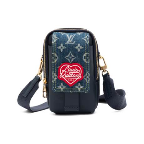 Louis Vuitton Flat Double Phone Pouch, denim & cuir Monogram Blue, doré, Virgil Abloh x NIGO