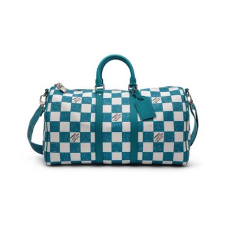 Louis Vuitton Keepall Bandoulière 45 Silve, cuir Damier Teal & White Marque Déposée, Virgil Abloh