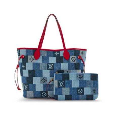Louis Vuitton Neverfull MM, denim Damier Monogram patchwork Blue & Red, doré