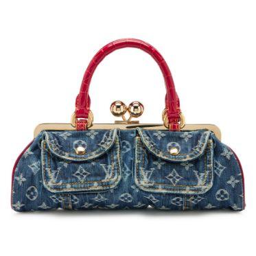 Louis Vuitton Sac Fermoir GM, denim Monogram bleu & alligator rouge, doré
