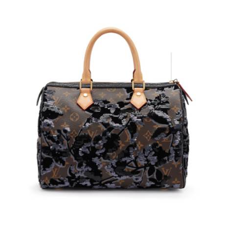 Louis Vuitton Speedy 30, toile & velours & sequins Monogram enduite Brown & Fleur de Jais, doré